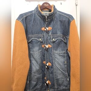 Pelle Pelle Blue Denim Jacket with Tan Knit Sleeves